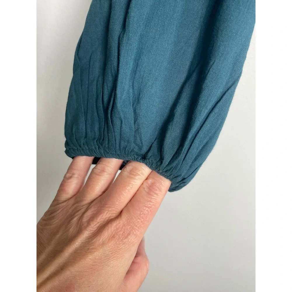 ABERCROMBIE & FITCH Ruched V-Neck Puff Sleeve Smocked Cotton Top Medium Teal NEW